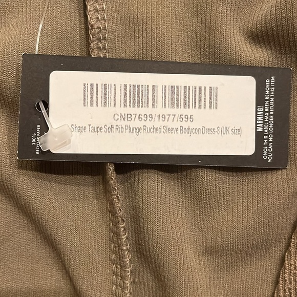 Prettylittlething Taupe Soft Rib Plunge Ruched Sleeve Bodycon Dress Size 8 - Picture 4 of 7